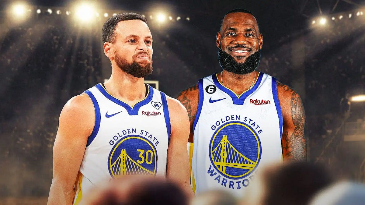 Stephen Curry alongside LeBron James with the Warriors arena in the background, have James in a Warriors jersey