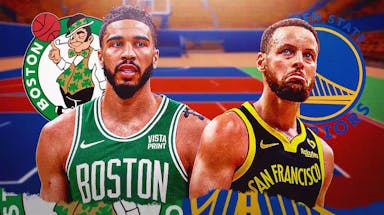 Stephen Curry opposite Jayson Tatum with the Celtics and Warriors logos in the background