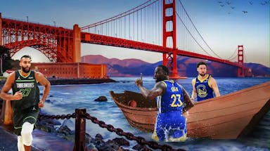 Draymond Green jumping on Klay Thompson’s boat while Rudy Gobert is catching his breath in the background.