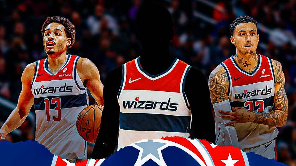 A shadowy player in a Wizards jersey with Jordan Poole on one side of him and Kyle Kuzma on the other side, Tristan Vukcevic, roster