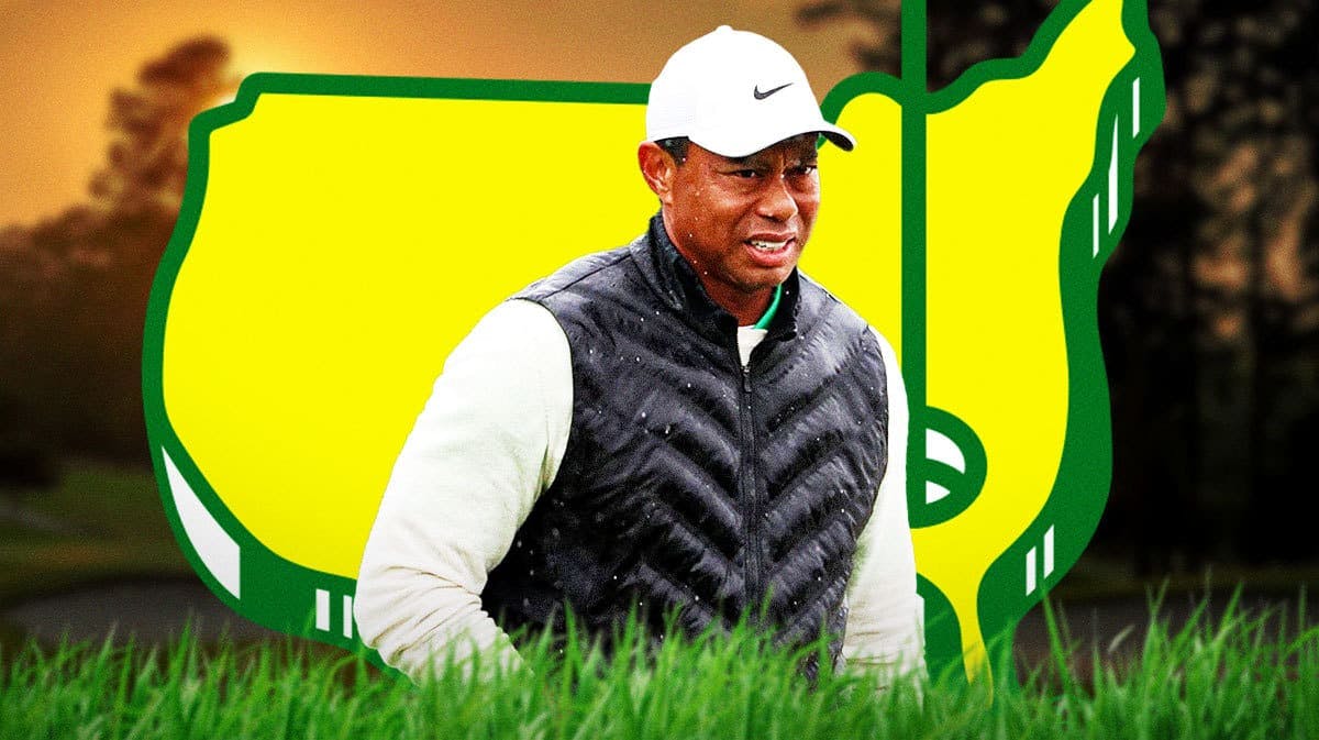 Tiger Woods with Masters logo in background.
