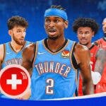 Image: Thunder Shai Gilgeous-Alexander injured, maybe a medkit on his body, and make him small in the middle. Add Rockets Jalen Green, Jeff Green, and Jock Landale on the left side looking towards Thunder Chet Holmgren and Luguentz Dort, both who are on the right side. Shai is in between them.