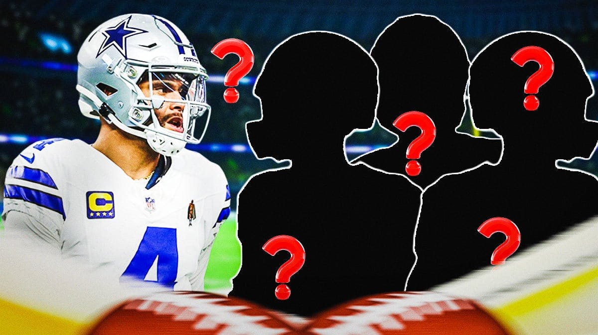 Dak Prescott on one side, three silhouettes of quarterbacks on the other side with question marks around them
