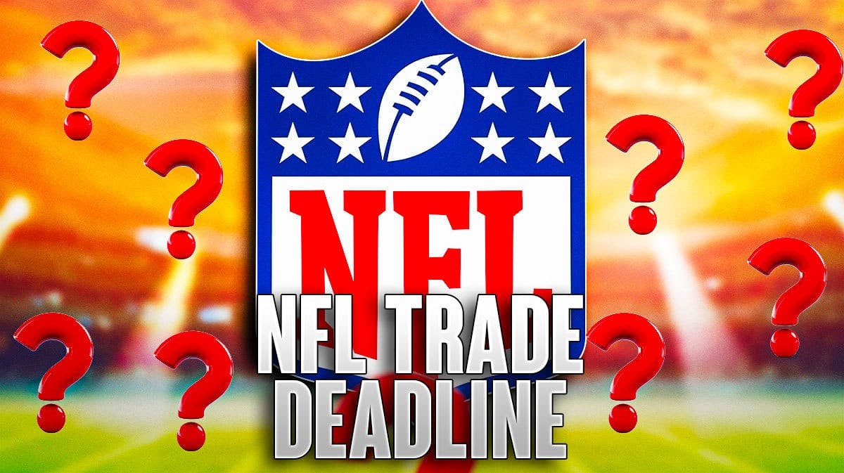 NFL logo with arrows and question marks all around the graphic. “NFL Trade Deadline” in big bold letters at the bottom of the graphic.