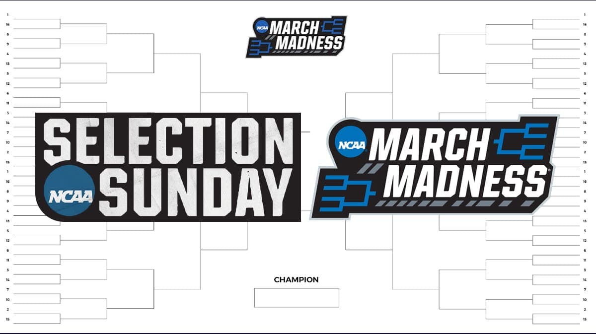 In the background is a March Madness bracket. In front is the Selection Sunday and March Madness logos.