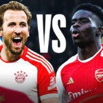 Harry Kane in front of the Bayern Munich logo on one side, Bukayo Saka in front of the Arsenal logo on the other side, a big ‘VS’ in the middle champions league