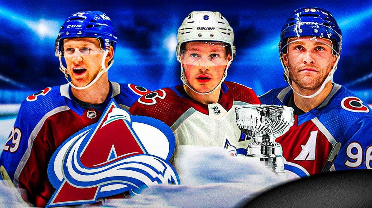 Nathan MacKinnon, Cale Makar and Mikko Rantanen, COL Avalanche logo, Stanley Cup in image, hockey rink in background