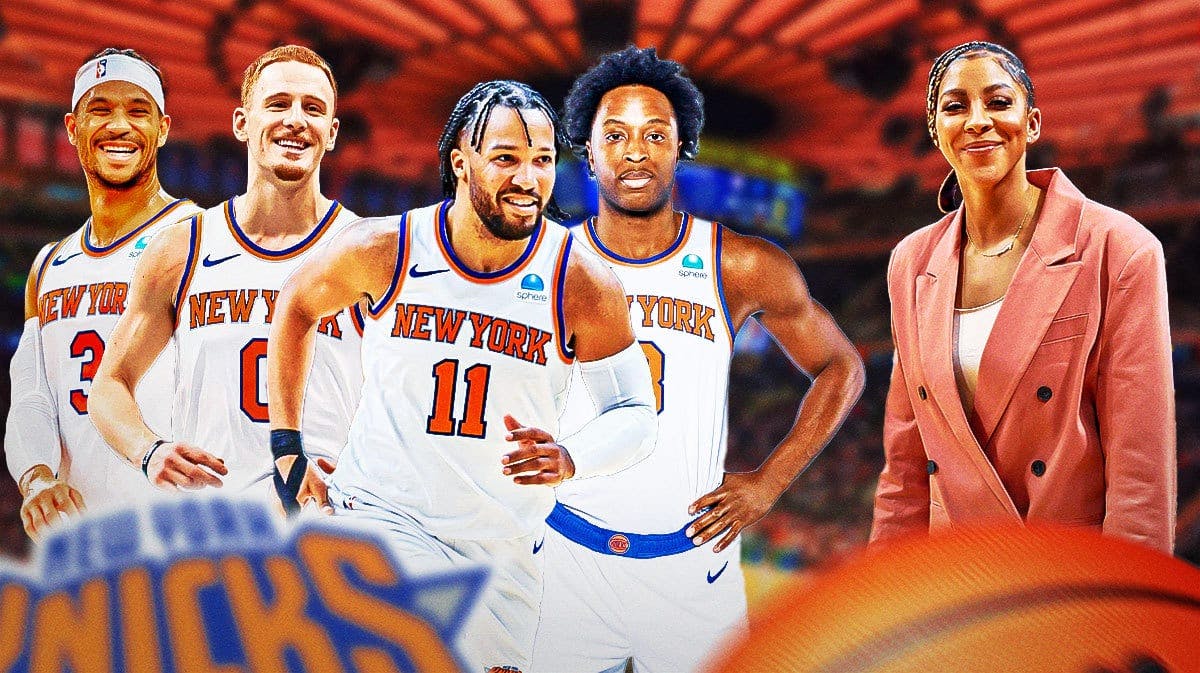 Need cover image of Jalen Brunson, Josh Hart, Donte Divincenzo, and OG Anunoby smiling/laughing with Candace Parker on the other side of the image