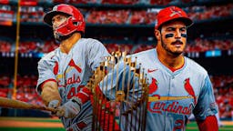 Cardinals' Nolan Arenado, Cardinals' Paul Goldschmidt smiling next to the MLB World Series trophy.
