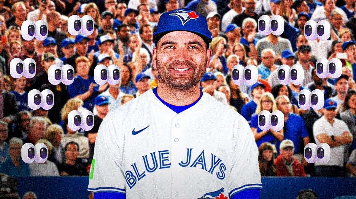 Joey Votto in a Blue Jays uniform. Eyes emoji looking at him.