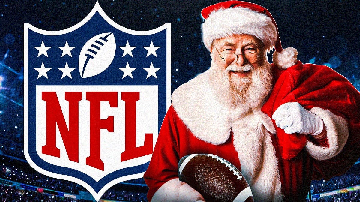 NFL logo on left. Santa Claus on right holding a football.