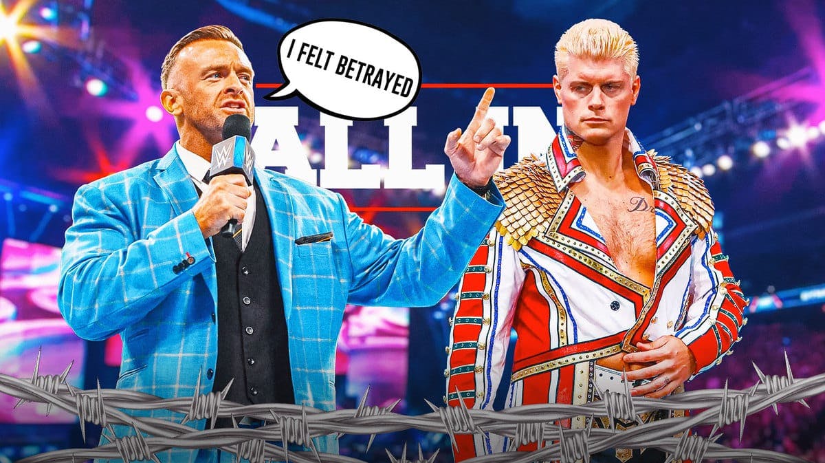 Nick Aldis with a text bubble reading “I felt betrayed” next to Cody Rhodes with the 2018 AEW All In logo as the background.