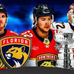 Matthew Tkachuk, Brandon Montour and Sergei Bobrovsky in image, Stanley Cup in background, FLA Panthers logo, hockey rink in background
