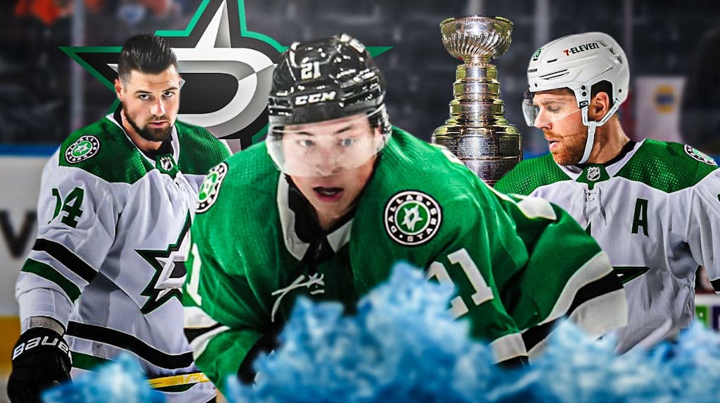 Jason Robertson, Jamie Benn and Joe Pavelski in image, DAL Stars logo, Stanley Cup and hockey rink in background
