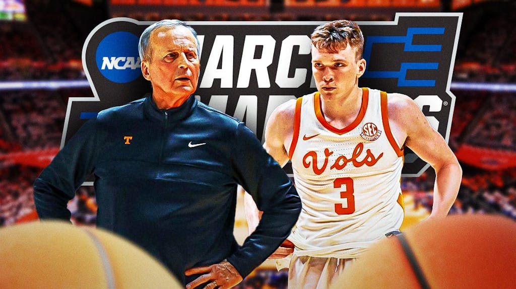 Tennessee basketball, Volunteers, March Madness, NCAA Tournament, Tennessee Saint Peter's, Rick Barnes and Dalton Knecht and March Madness logo with Tennessee basketball arena in the background