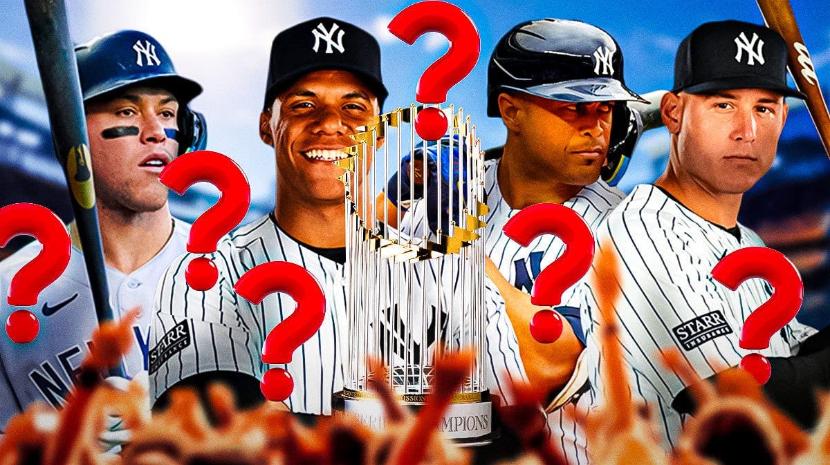 Yankees Aaron Judge, Juan Soto, Giancarlo Stanton, and Anthony Rizzo all in action around a World Series trophy with a question mark on it.