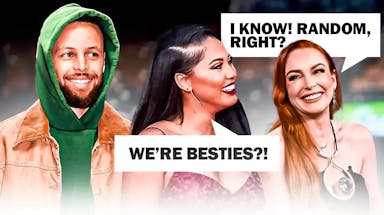 Lindsay Lohan and Steph Curry, Ayesha Curry. Ayesha Curry has a speech bubble, “We’re besties?!” and Lindsay Lohan has a speech bubble response: “I know! Random, right?”