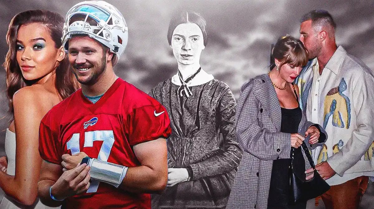 Taylor Swift with Travis Kelce, Hailee Steinfeld with Josh Allen, and Emily Dickinson