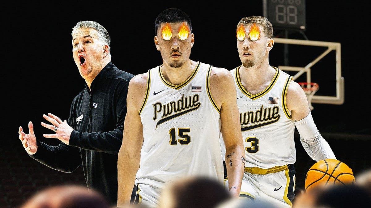 Purdue basketball Zach Edey, Braden Smith, and Matt Painter before NCAA Tournament March Madness