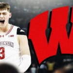 Connor Essegian with the Wisconsin Badgers logo in the background, March Madness