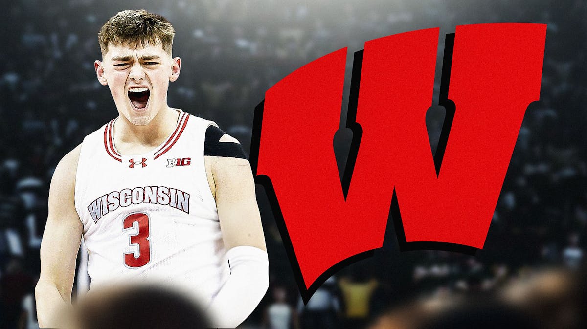 Connor Essegian with the Wisconsin Badgers logo in the background, March Madness