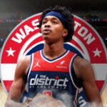 Wizards' Bilal Coulibaly looks disappointed after 2023-24 NBA season injury, Jordan Poole watches from sidelines