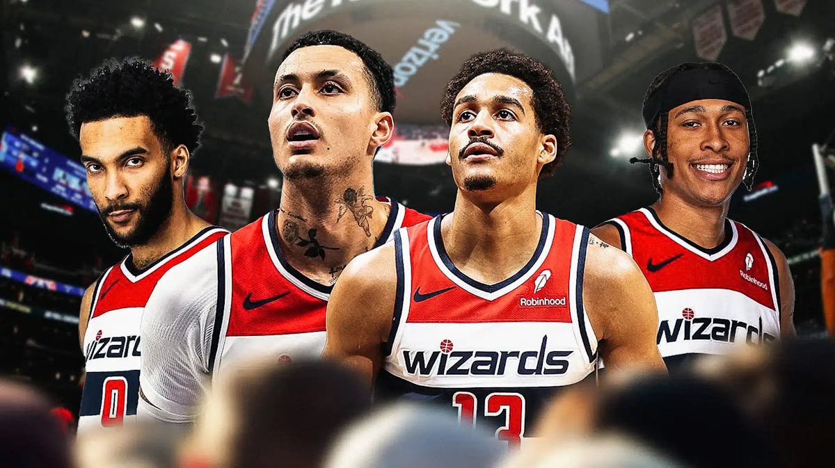 Kyle Kuzma and Jordan Poole alongside RJ Hampton and Justin Champagnie with the Wizards arena in the background, have Hampton and Champagnie in Wizards jerseys