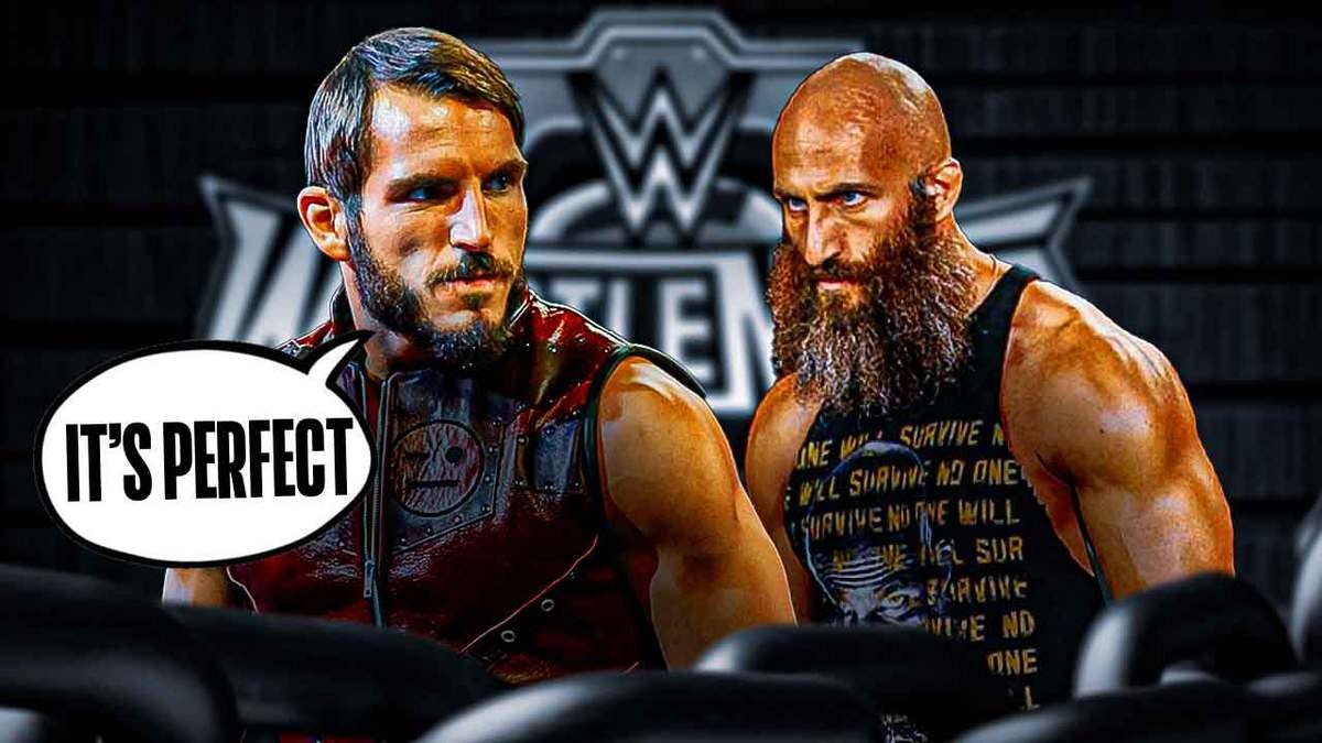 Johnny Gargano with a text bubble reading “It’s perfect” next to Tommaso Ciampa with the WrestleMania 40 logo as the background.