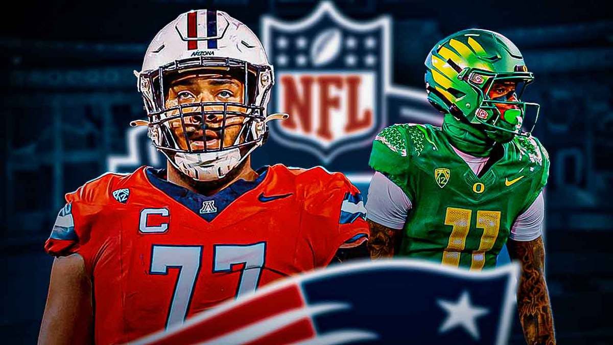 Jordan Morgan (Arizona) and Troy Franklin (Oregon) with a Patriots logo in front of them and an NFL draft background behind them