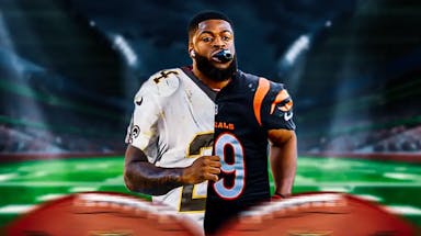 NFL Draft prospect Florida State DE Jared Verse in half an New Orleans Saints jersey and half a Cincinnati Bengals jersey