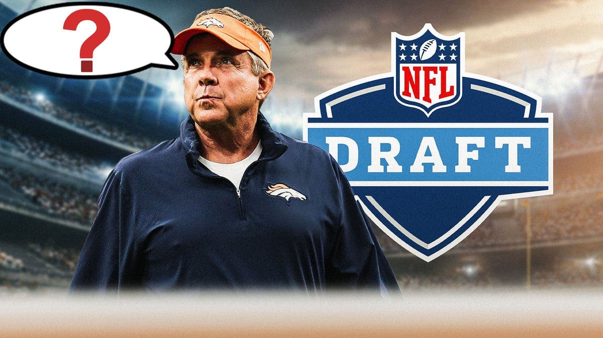 Broncos' Sean Payton with a thought bubble. In the bubble, place a question mark. In background of image, place the NFL Draft logo.