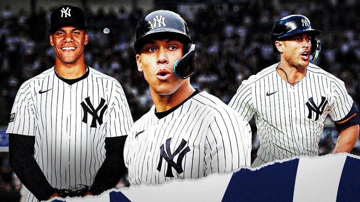 Aaron Judge, Giancarlo Stanton, Juan Soto all together with Yankees Stadium as background