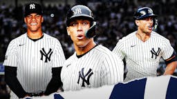 Aaron Judge, Giancarlo Stanton, Juan Soto all together with Yankees Stadium as background