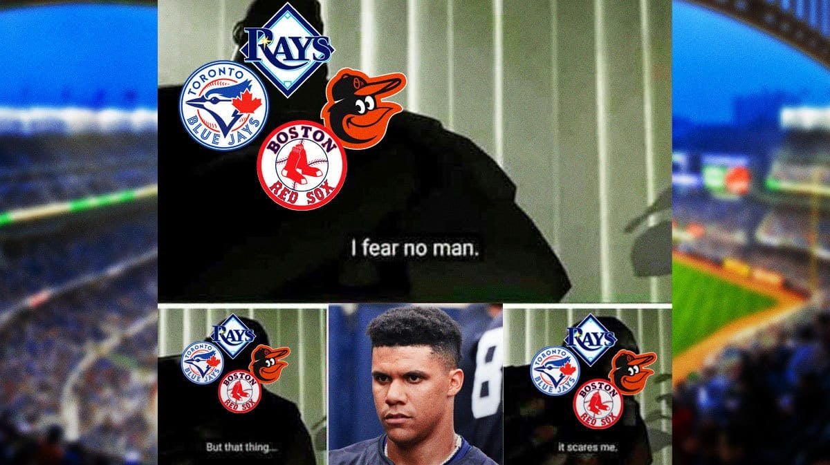 Juan Soto as the man being feared in the I fear no man meme, with the logos of Rays, Blue Jays, Orioles, Red Sox on the anonymous silhouette
