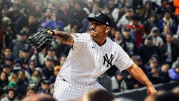 Yankees' Nestor Cortes hyped up, with a cheering Yankee Stadium as the background