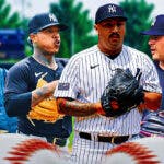 Yankees' Nestor Cortes in front looking serious. In background, Yankees' Carlos Rodon and Yankees' Marcus Stroman both pitching baseballs. Yankees' Gerrit Cole in a hospital gown.