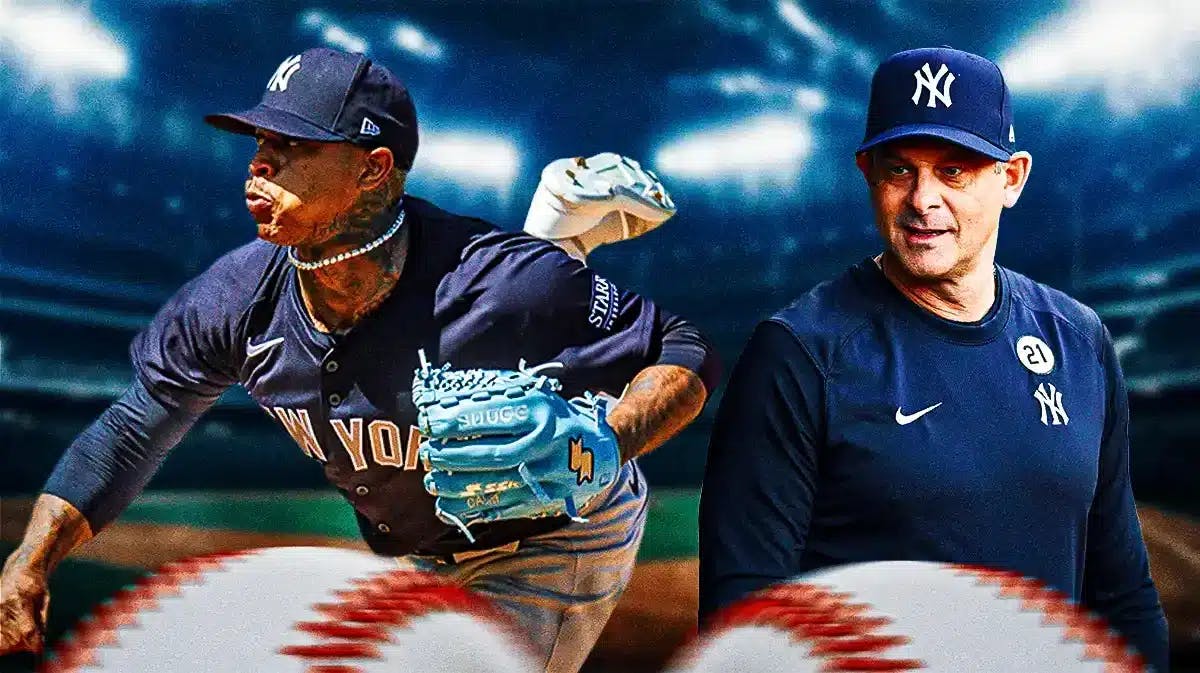 Yankees' Aaron Boone smiling on left. Marcus Stroman pitching a baseball in a Yankees' uniform on right.