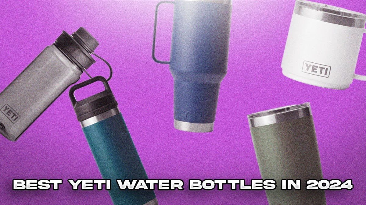 Product display of the best Yeti water bottles on a purple colored background.