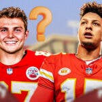 Photo: Zach Wilson in Chiefs jersey with question marks above him, Patrick Mahomes in front of him in Chiefs jersey as well