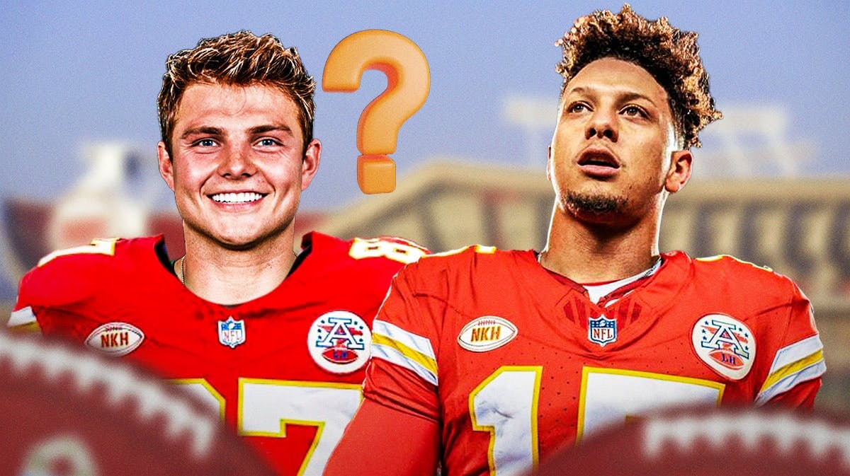 Photo: Zach Wilson in Chiefs jersey with question marks above him, Patrick Mahomes in front of him in Chiefs jersey as well