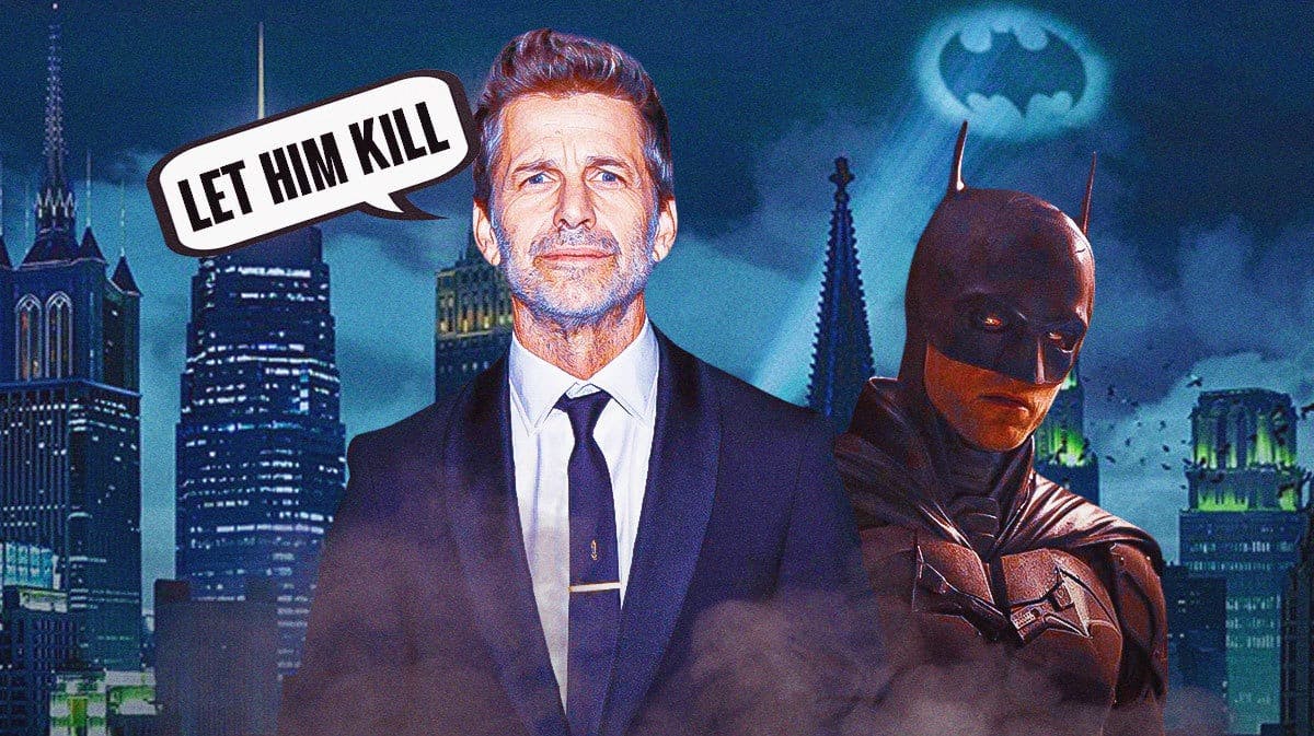 Zack Snyder with a text bubble saying "let him kill" next to Batman and Gotham City in the background