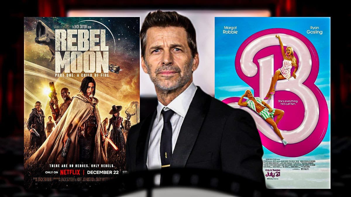 Zack Snyder with Netflix Rebel Moon and Barbie posters.