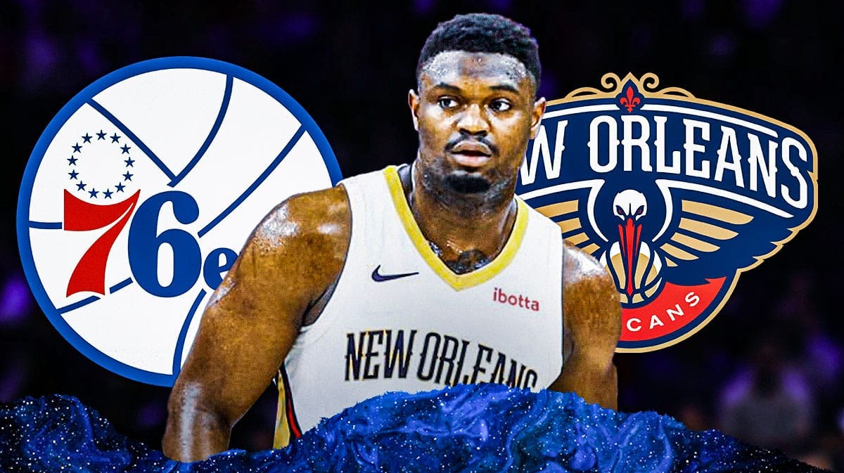 Zion Williamson with both the Pelicans and Sixers logos in the background