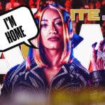 Mercedes Mone with a text bubble reading “I’m home” in front of a wrestling crowd with text bubbles reading “CEO” coming from the crowd. Please also include an AEW logo.