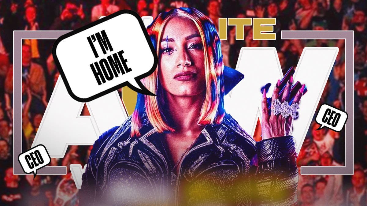 Mercedes Mone with a text bubble reading “I’m home” in front of a wrestling crowd with text bubbles reading “CEO” coming from the crowd. Please also include an AEW logo.