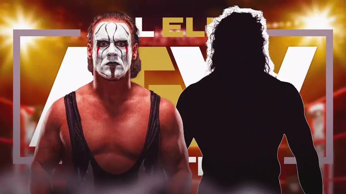 Sting next to the blacked-out silhouette of Kenny Omega with the AEW logo as the background.