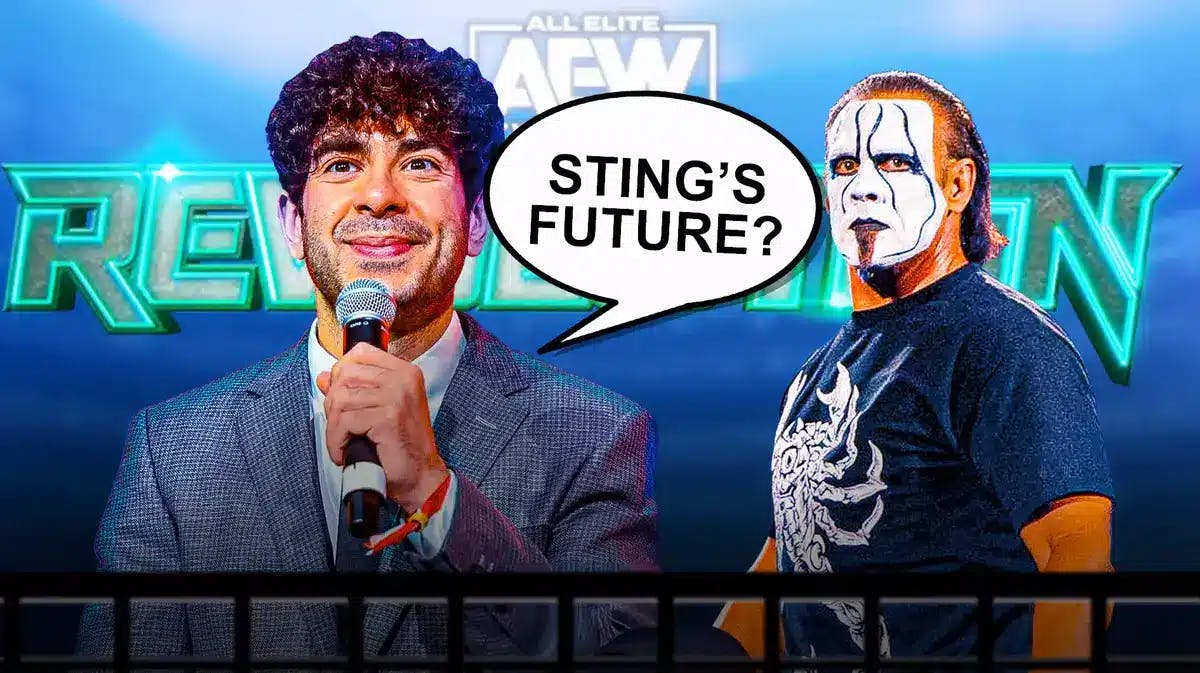 Tony Khan with a text bubble reading “Sting’s future?” next to Sting with the 2024 AEW Revolution logo as the background.