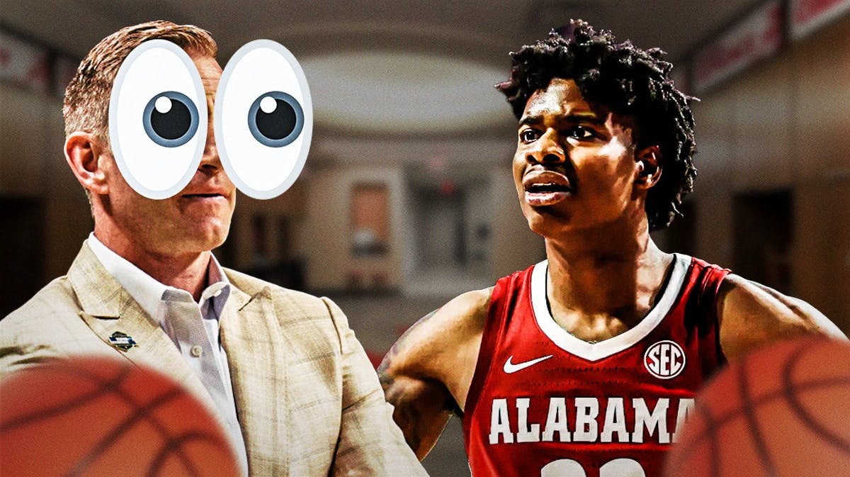 Alabama basketball coach Nate Oats looking at Nick Pringle.