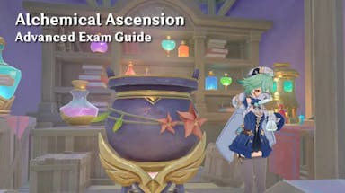 alchemical ascension advanced exam, alchemical ascension advanced, alchemical ascension exam, alchemical ascension guide, genshin impact, an ingame screenshot of sucrose with the words alchemical ascension advanced exam guide in one corner