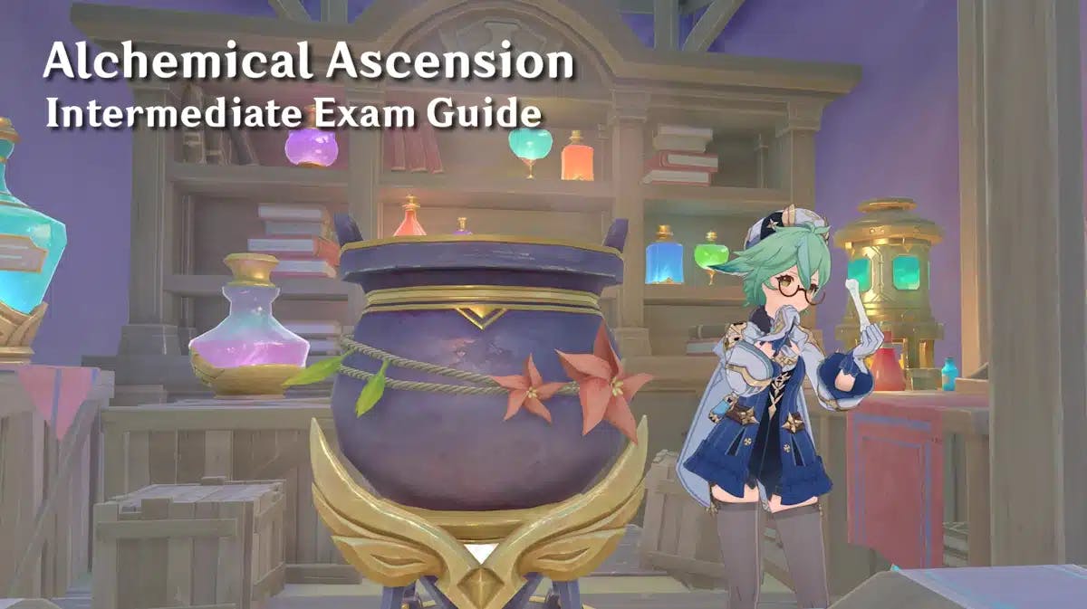 alchemical ascension intermediate exam, alchemical ascension intermediate, alchemical ascension exam, alchemical ascension guide, genshin impact, an ingame screenshot of sucrose with the words alchemical ascension intermediate exam guide in one corner